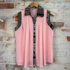 Vintage Four Seasons Geometric Trim Sheer Blouse Pink Black Art‎ Deco Small